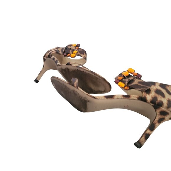 Leopard Print High Heel Sandals With Orange Gem Embellishments & Adjustable Ankl - Picture 2 of 7